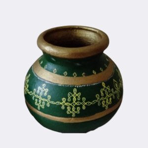 Shree Terracotta Round Shape Green and Golden Color Warli Art Painted Planter